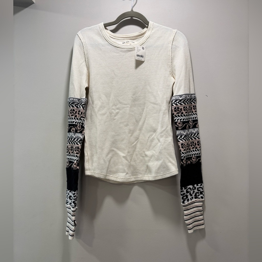 We The Free Cream Waffle Knit Top with Patterned Black & Blush Sleeves